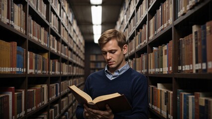 Young man reading vintage book in library aisle, academic research, university education, literature study, knowledge exploration, intellectual curiosity, classic library interior, focused student lea