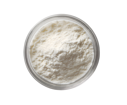 Overhead view of flour or powder in glass bowl against white background on transparent background
