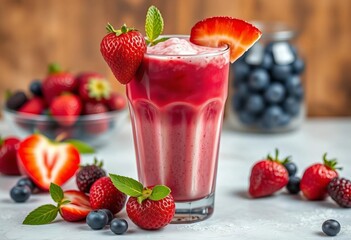 Thick berry milkshake with fresh fruit garnish,  drink,  ice cream