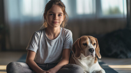 This child practices yoga and enjoys rest while seated next to a dog in a peaceful room.