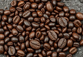 Fototapeta premium Dark brown, oily roasted coffee beans, uneven surface, cracked texture, caffeine, commercial use