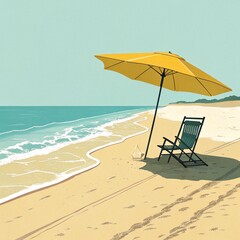 Minimalist Beach Scene with Yellow Umbrella and Chair