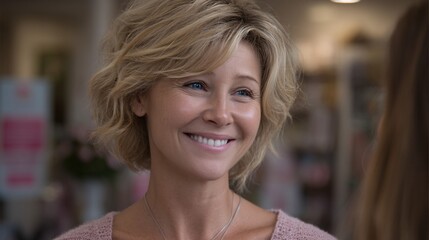 Obraz premium A smiling woman with short blonde hair stands indoors, wearing a pink sweater and a necklace, radiating warmth and friendliness.