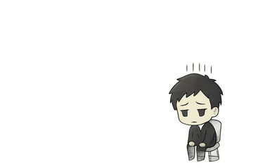 会議室の隅に座る孤独な鬱系ミニキャラサラリーマン（中央余白・透過PNG）