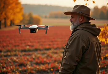 An older man with a beard wearing a wide-brimmed hat and jacket observes a drone flying in an autumn landscape