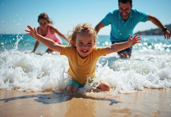 Happy family playing and splashing in the ocean on a sunny day at the beach