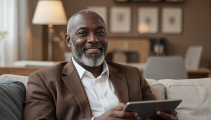 Smiling senior African American businessman with gray beard, wearing brown blazer, white shirt. Seated on couch with tablet. Represents success, leadership, technology use in modern business.