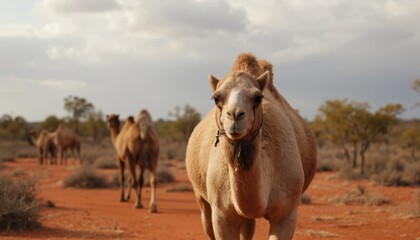 Herd of wild camels walks across Australian outback red soil under soft sunlight. Sparse vegetation dots arid landscape, with camels embodying tranquility, natural beauty. Scene captures peaceful