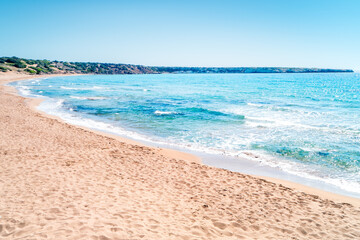 The most beautiful beach in Cyprus with white sand and a turquoise sea. Lara Beach on the Akamas Peninsula, Peyia.