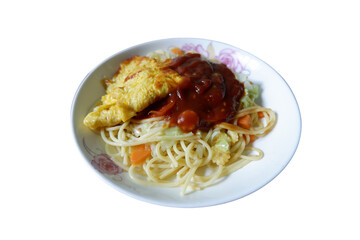 Spaghetti with tomato sauce and egg, vegetarian food, transparent background