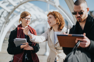 Three business professionals collaborating and sharing ideas in an outdoor environment