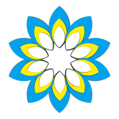 a flower with blue, yellow and white petals