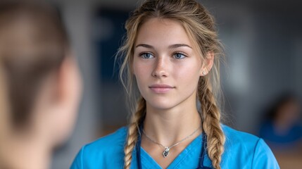 A young female healthcare professional in blue scrubs listens attentively in a clinical setting.