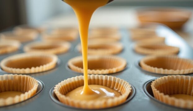 Creamy muffin batter being poured into paper cups&mdash;close-up of smooth texture and precise portioning. Perfect for baking, recipe blogs, and cozy kitchen scenes