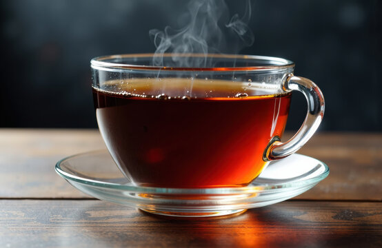 Hot black tea in a glass cup with steam rising, placed on a wooden surface with a dark background