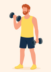 Man lifting dumbbell in flat vector. Flat design bicep curl illustration. Dumbbell bicep curl in flat style.