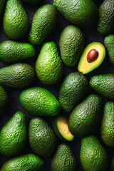 A vibrant arrangement of fresh avocados on a dark surface, showcasing their natural textures and colors