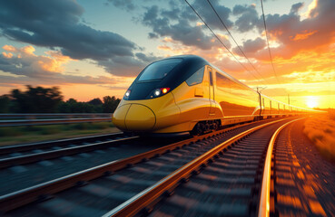 Naklejka premium High-speed yellow train moving along railway tracks during sunset