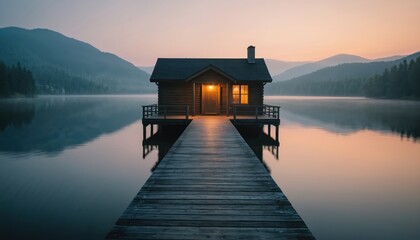 Obraz premium Wooden cabin on calm lake at dawn. Soft light effect on tranquil water and misty mountains. Wooden pier leads to the cozy structure. Peaceful natural landscape evokes serenity and relaxation.