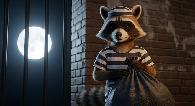 Funny Bandit Raccoon in Prison Uniform Holding a Full Bag Under the Moonlight