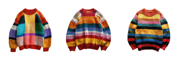 Set of three knitted bright striped chunky knit sweaters isolated on transparent background. Winter autumn warm clothes and fashion
