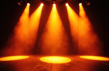 Stage lights cast warm orange glow creating a dramatic atmosphere with illuminated circles on the floor and smoky background