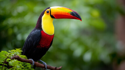 Fototapeta premium Colorful cute toucan tropical bird perched on branch in Brazilian Amazon rainforest with blurred green background, representing exotic wildlife and vibrant jungle biodiversity