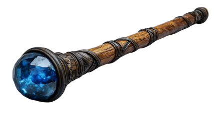 Realistic enchanted artifact wand with jewel-infused top glowing with power in mystical themes on transparent background