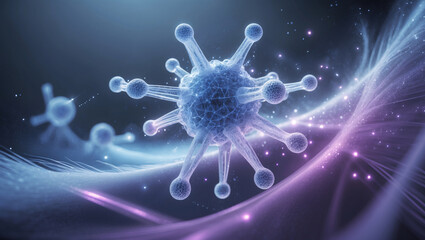 Blue, spikey microscopic organism or virus, floating in a futuristic, glowing purple and blue background with light trails
