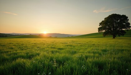 Obraz premium Serene sunset paints a rich green meadow golden. Distant hills meet a soft sky with gentle clouds. A lone tree stands sentinel in this idyllic countryside landscape, evoking peace and natural beauty.