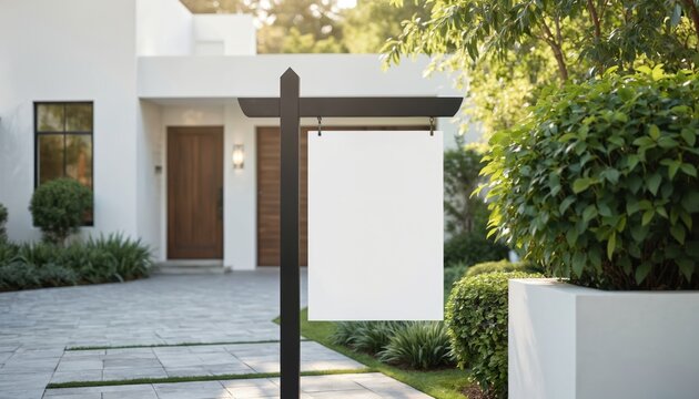 Modern home exterior with empty white real estate sign, ready for listing information. Property for sale advertising billboard poster outside house entrance. Clean architecture design with green - Powered by Adobe