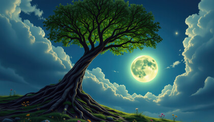 Majestic tree silhouetted against a bright full moon rising in the clear night sky with stars shining brightly