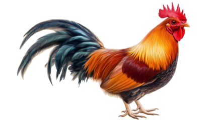 Beautifully illustrated vibrant rooster with detailed plumage, showcasing warm colors, standing proudly on transparent background