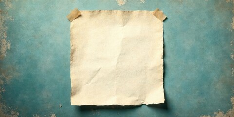 A weathered, cream-colored sheet of paper, taped to a teal textured background, offers a blank canvas for your message or design.