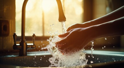 Washing hands in kitchen sink with splashing water and sunlight