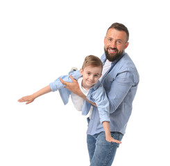 Family portrait of smiling dad and his son playing on white background