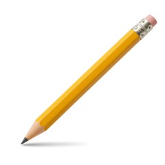 A classic yellow hexagonal pencil with a pink eraser and sharpened graphite tip isolated on white background