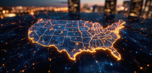 3D digital illustration maps United States with glowing neon network connections. Blue, gold lines connect cities, data flow, infrastructure. Abstract futuristic design shows state borders with