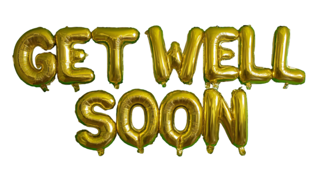 "Get Well Soon" celebratory message displayed with shiny gold balloon letters, expressing care on transparent background.