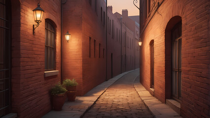 Fototapeta premium A stylized alleyway in soft sunset light, featuring red brick walls and vintage shadows — great for warm, moody designs in packaging and stationery
