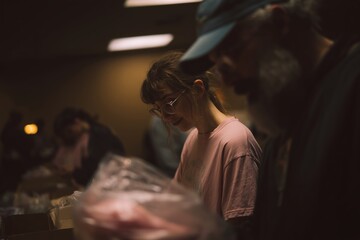 Obraz premium Volunteers sorting supplies at a community center in the evening
