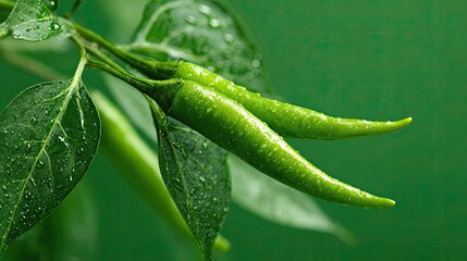 Obraz premium Fresh green chilli and leaves on natural green background