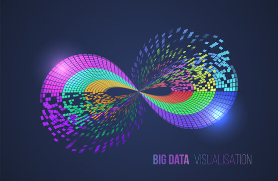 Colorful infinity loop made of digital squares, symbolizing big data flow, analytics, and technology. Bright, abstract design on dark background for futuristic data visualization concept.