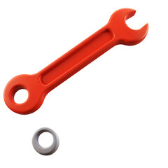 A red wrench and a gray nut are positioned studio shot on transparent background