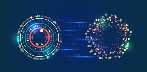 Futuristic abstract data exchange concept with two colored digital circles and binary code on a dark blue background. Symbolizes communication analytics and structuring of data flow and technology.