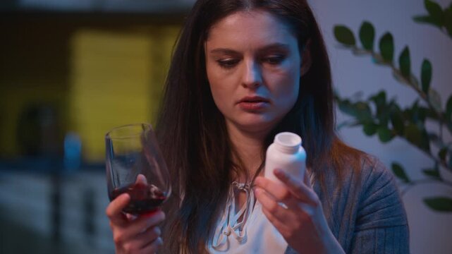 Sad upset woman holding glass wine pills thinking difficult choice sick unwell drink alcohol addiction worried girl drinking antibiotic health problem disease frustrated Caucasian female at home night