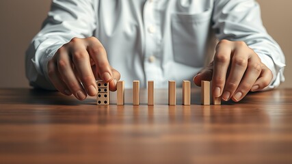 Dominoes arranged by hands on wooden table game strategy