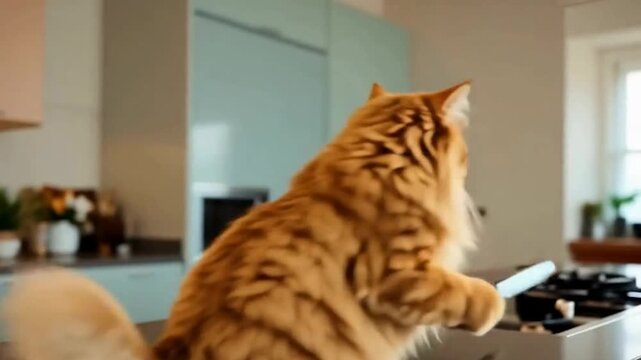 A fluffy ginger cat comically holds a kitchen knife in each paw, sitting on a countertop with a serious expression.
