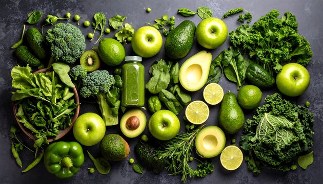 Green fruits & veggies spread on dark surface - Powered by Adobe