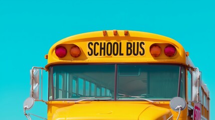 Bright yellow school bus parked under a clear blue sky ready for morning pick-up in a suburban neighborhood